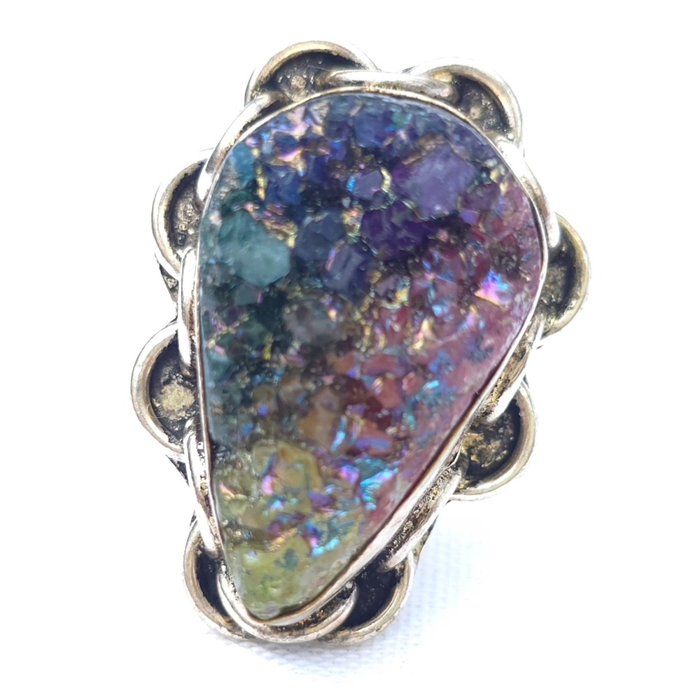 Sterling Silver Peacock Druzy Ring Size 7 Artisan Rainbow Crystal Statement Ring - Picture 3 of 9